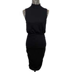 Express Black Mock Neck Sheath Midi Dress. Feminine Minimalist Monochrome